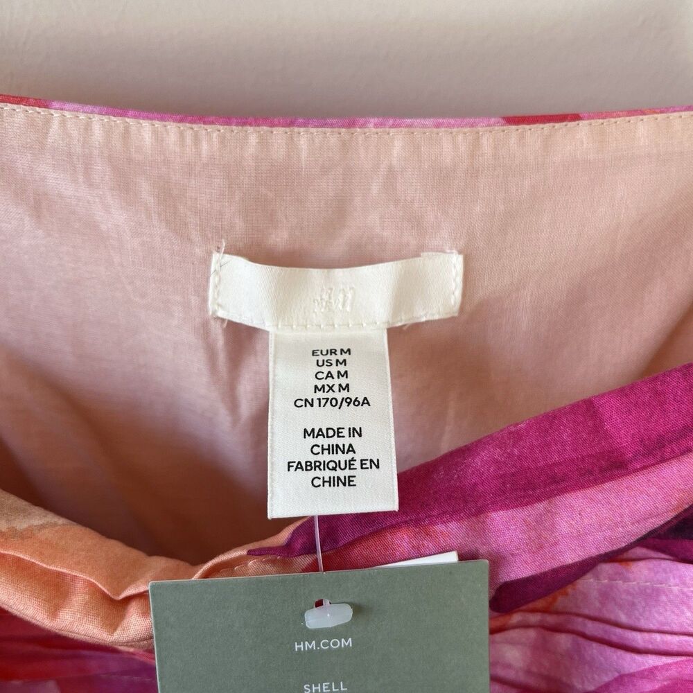 H&M Leaf Print Babydoll Mini Dress Pink Multi 100% Organic Cotton Medium NWT’s - Picture 10 of 16
